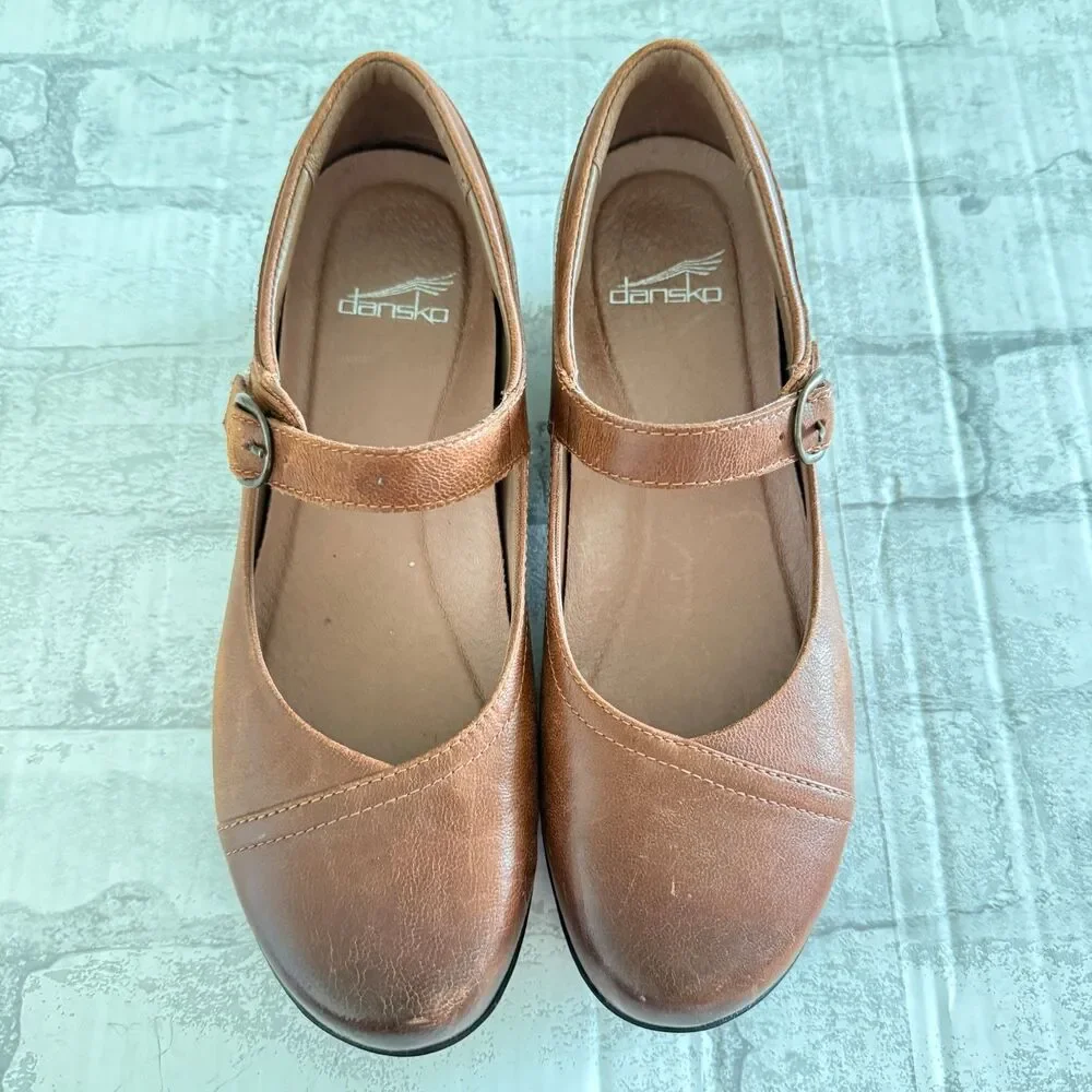 Dansko Fawna Mary Jane Chestnut Burnished Calf Leather Strappy Shoes 39 (8.5-9)